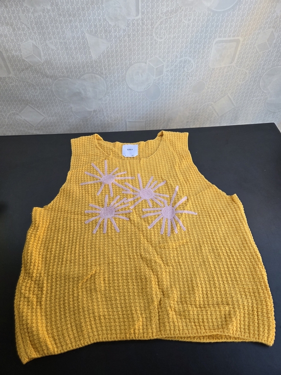 lola Tops - LOLA Mustard Yellow Knit Tank with Pink Daisy Appliqués